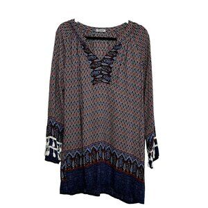 Measeor Women's Boho Fringe Paisley Mini Shirt Dress / Long Tunic Size L Blue